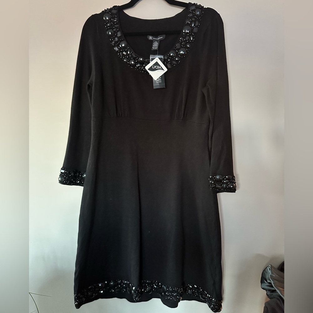 INC International Concepts Black Long Sleeve Embellished Scoop Dress